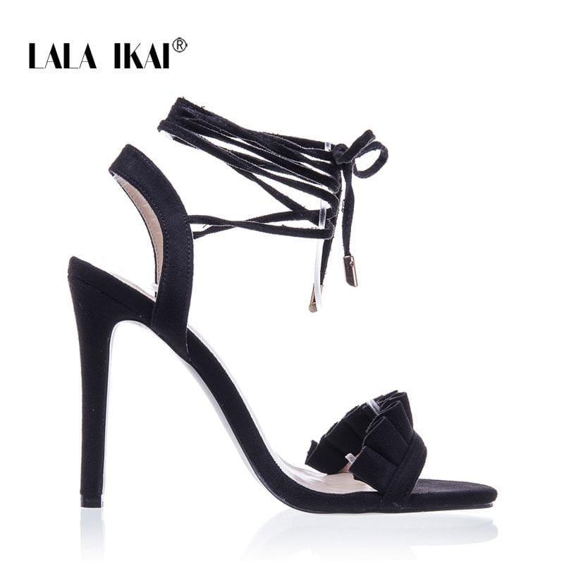 Ruffle Cross Ankle Strap High Heels Sandals - Black / 6.5 - Sandals