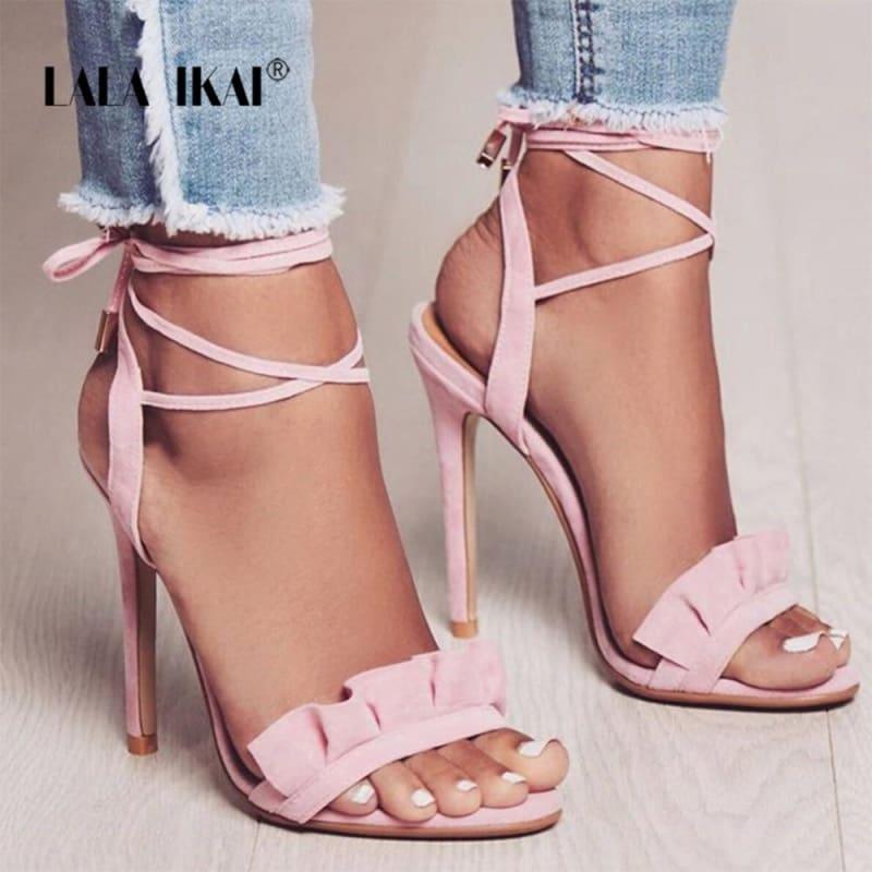 Ruffle Cross Ankle Strap High Heels Sandals - Sandals