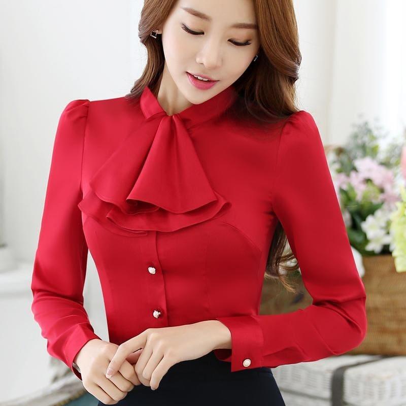 Ruffled Collar Pink Slim Fit Chiffon Shirt Blouse - Long Sleeve