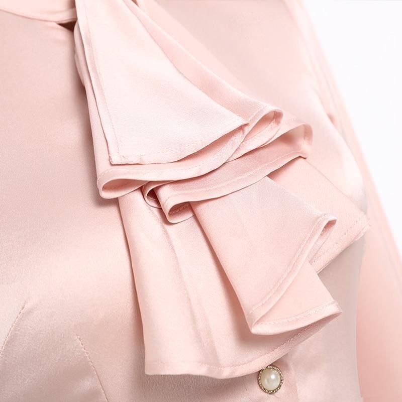 Ruffled Collar Pink Slim Fit Chiffon Shirt Blouse - Long Sleeve