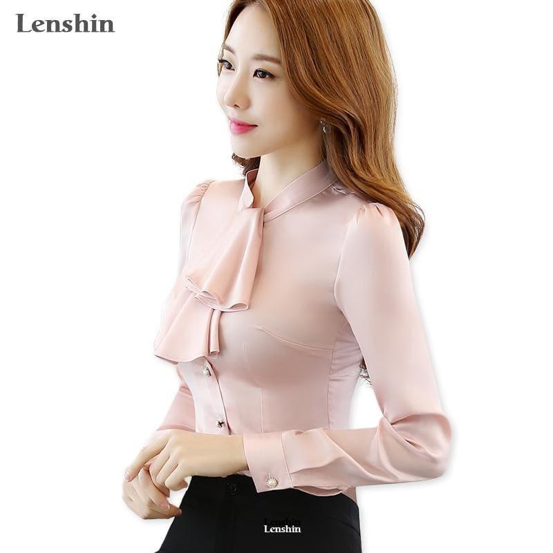 Ruffled Collar Pink Slim Fit Chiffon Shirt Blouse - Long Sleeve