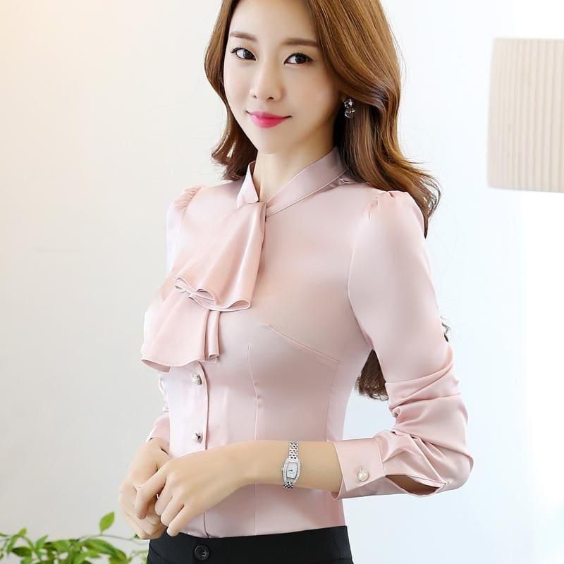 Ruffled Collar Pink Slim Fit Chiffon Shirt Blouse - Long Sleeve