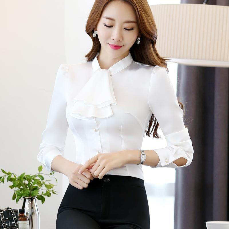 Ruffled Collar Pink Slim Fit Chiffon Shirt Blouse - Long Sleeve