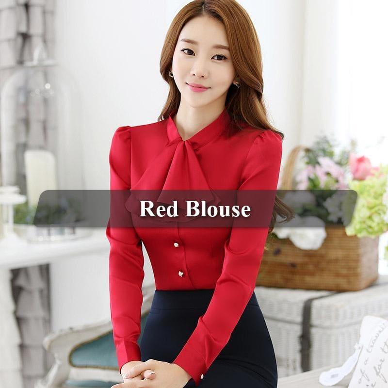 Ruffled Collar Pink Slim Fit Chiffon Shirt Blouse - Red / 4Xl - Long Sleeve