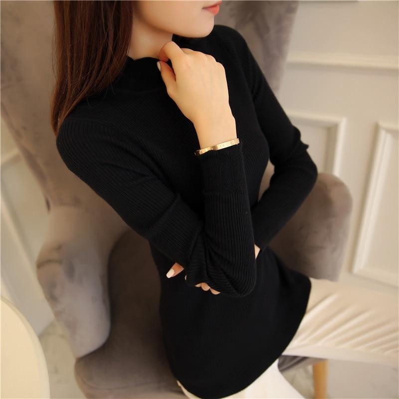 Ruffled Sleeve Turtleneck Solid Slim Fit Sweater Blouse - Black / M - Long Sleeve