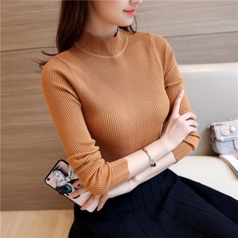 Ruffled Sleeve Turtleneck Solid Slim Fit Sweater Blouse - Camel / M - Long Sleeve