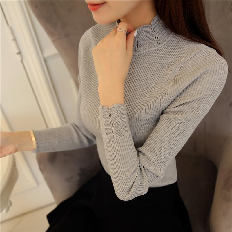 Ruffled Sleeve Turtleneck Solid Slim Fit Sweater Blouse - Gray / M - Long Sleeve