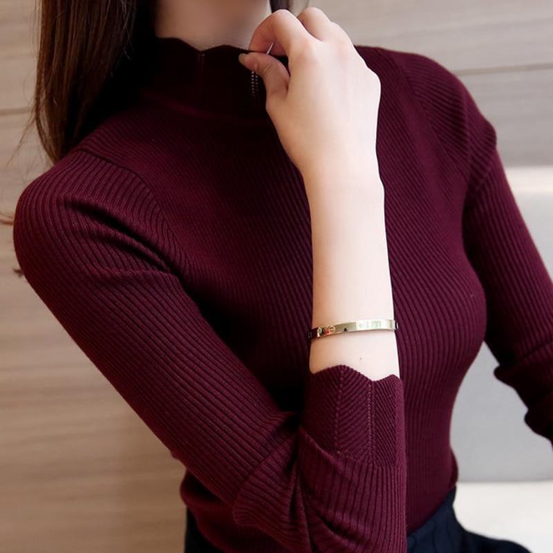 Ruffled Sleeve Turtleneck Solid Slim Fit Sweater Blouse - Long Sleeve