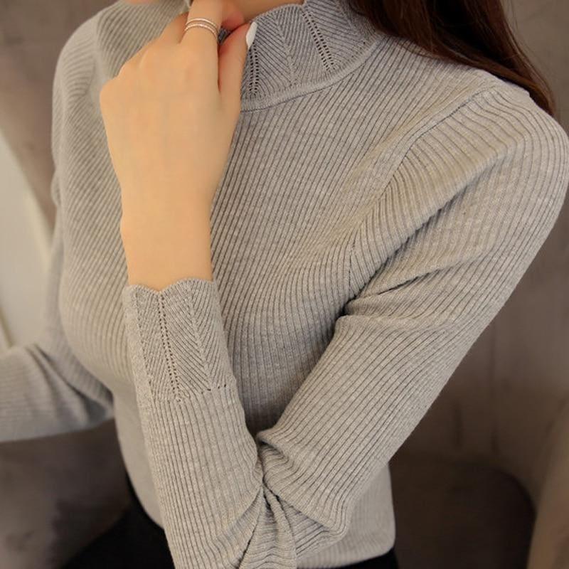 Ruffled Sleeve Turtleneck Solid Slim Fit Sweater Blouse - Long Sleeve