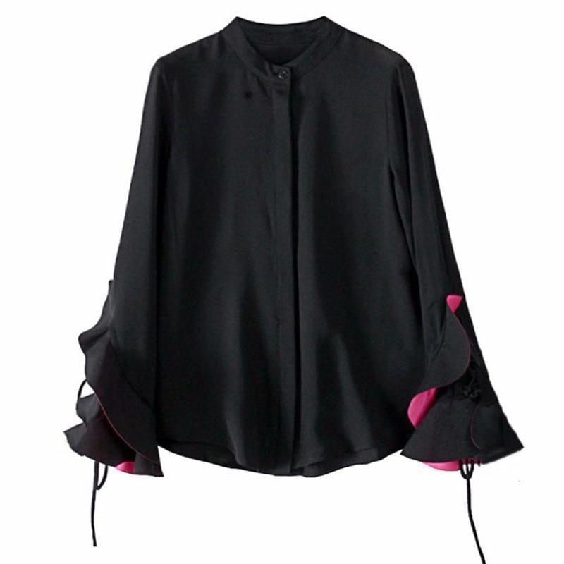 Ruffles Flare Sleeve Lace Up Vintage Fashion Blouse - Black Shirt / L