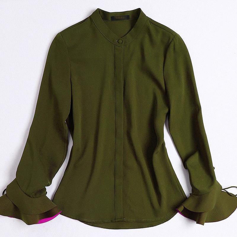 Ruffles Flare Sleeve Lace Up Vintage Fashion Blouse - Green Shirt / L