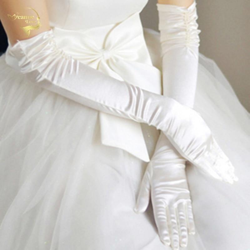 Satin Elbow Length Top Quality Beaded Wedding Bridal Gloves - WHITE - Gloves