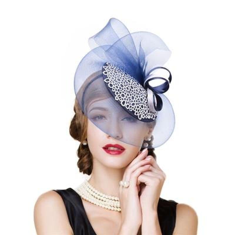 Satin Lace Kentucky Derby Fascinator Female Church Wedding Party Royal Head Gear Hats - Blue with White - hats
