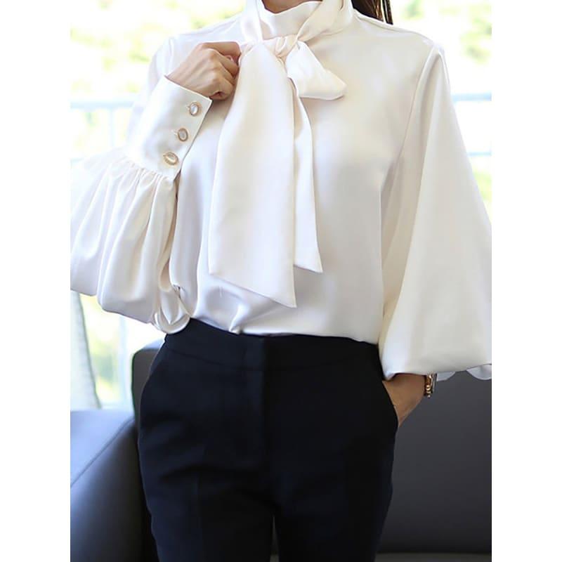 Satin Lantern Sleeve Women Lace up Blouse - Long sleeve