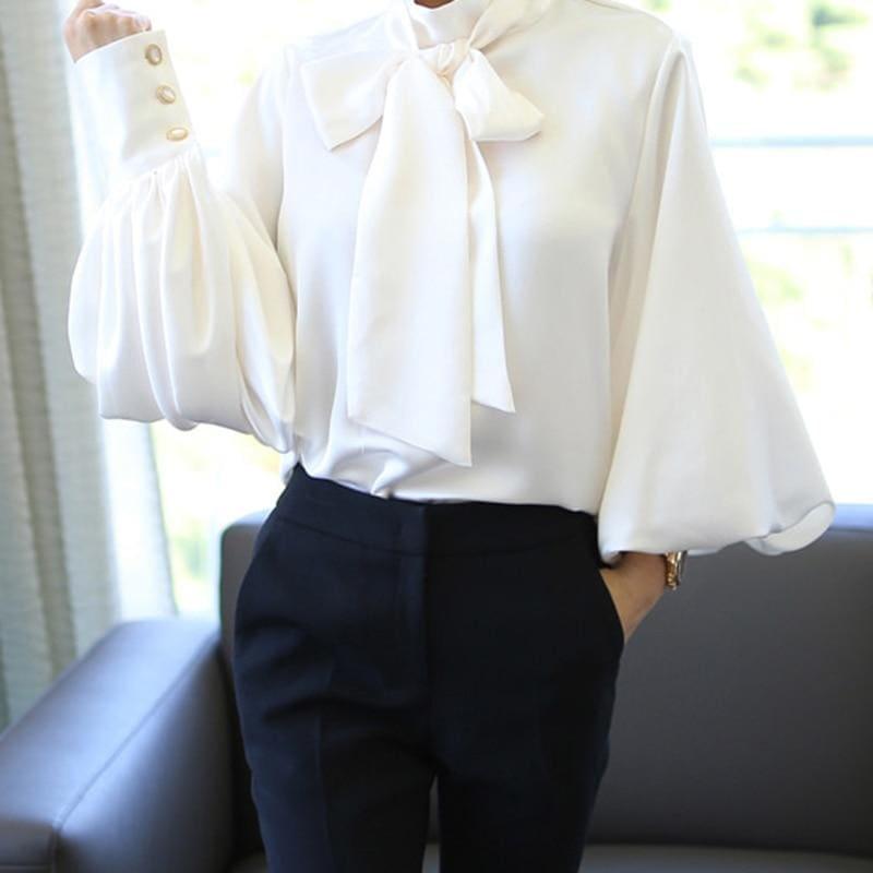 Satin Lantern Sleeve Women Lace up Blouse - Long sleeve