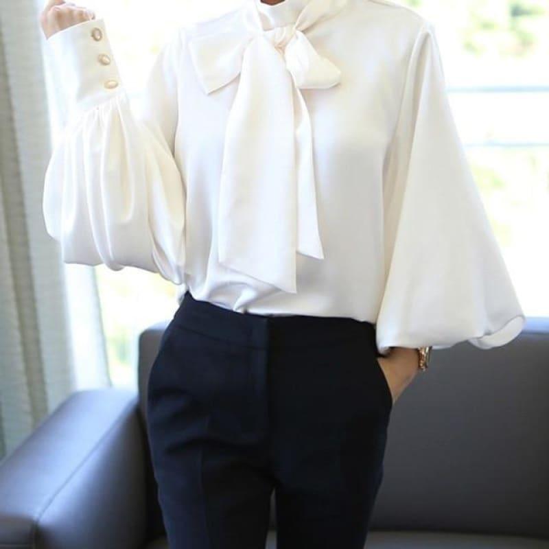 Satin Lantern Sleeve Women Lace up Blouse - white shirt / L - Long sleeve