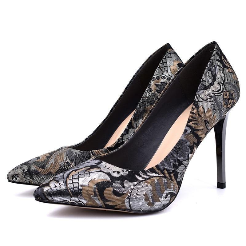 Satin Slip On Pointed Toe Pump Flower Print Pumps - Black / 34 - Pumps