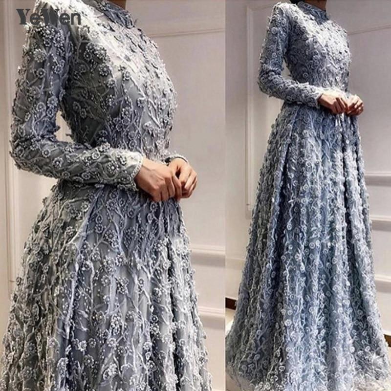 Saudi Arabia Long Sleeves A Line Evening Dress Dubai Kaftan Muslim Crystal Pearl Lace Fabric Formal Prom Party Gown - gown