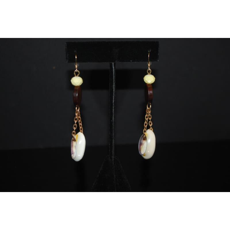 Sea Shell Cowrie and Wood Boho Womens Earrings - Handmade