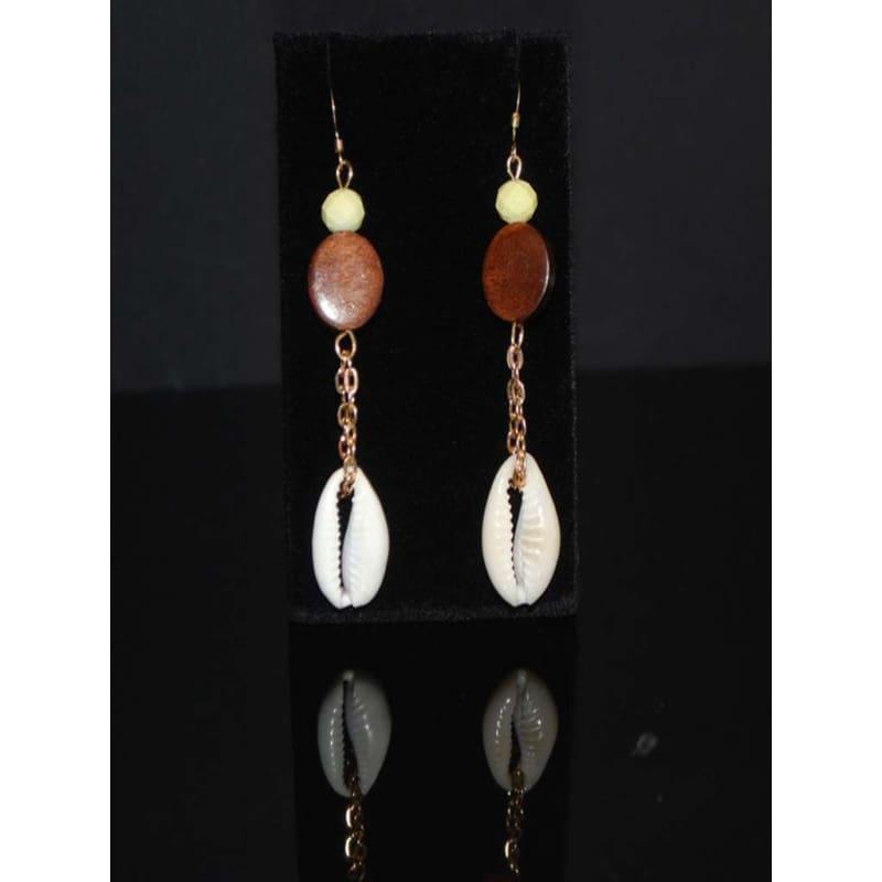 Sea Shell Cowrie and Wood Boho Womens Earrings - Handmade