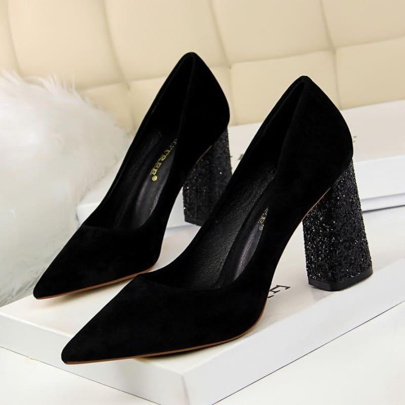 Sequined Square Heels Solid Flock Shallow Pumps - Black & Beige / 4.5 - Pumps