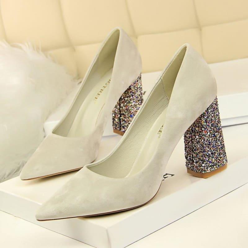 Sequined Square Heels Solid Flock Shallow Pumps - Gray / 4.5 - Pumps