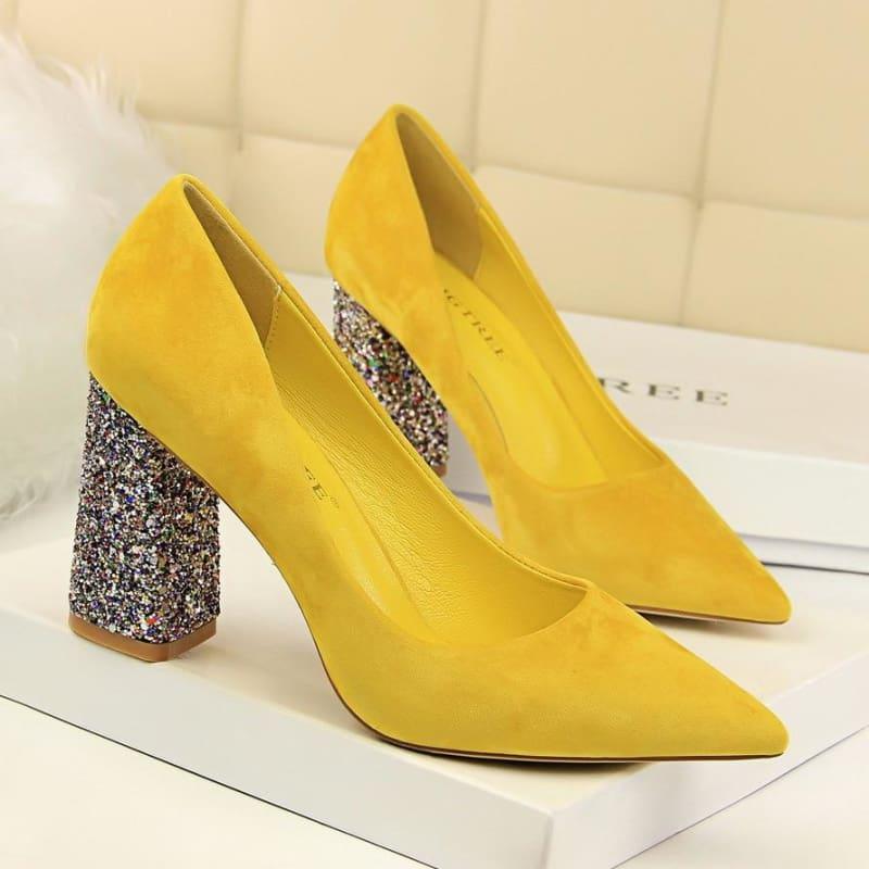 Sequined Square Heels Solid Flock Shallow Pumps - Light Yellow / 4.5 - Pumps