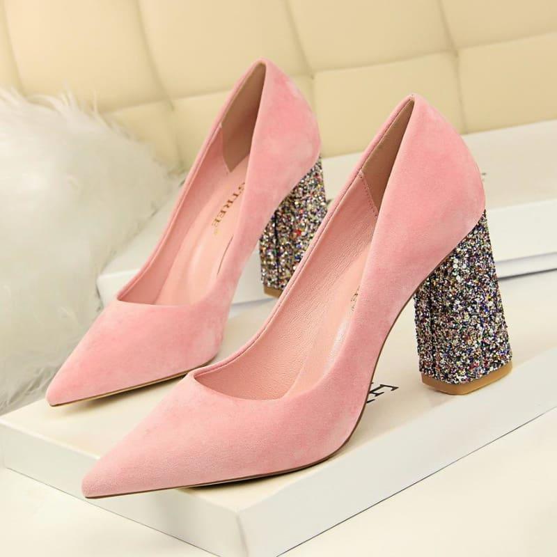 Sequined Square Heels Solid Flock Shallow Pumps - Pink / 4.5 - Pumps