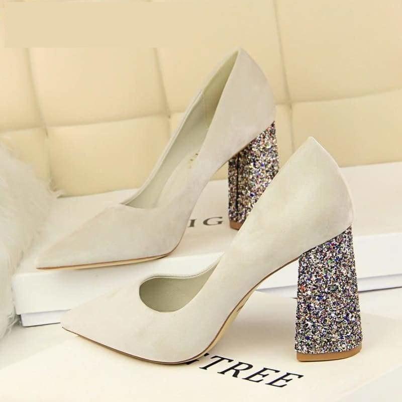 Sequined Square Heels Solid Flock Shallow Pumps - Pumps