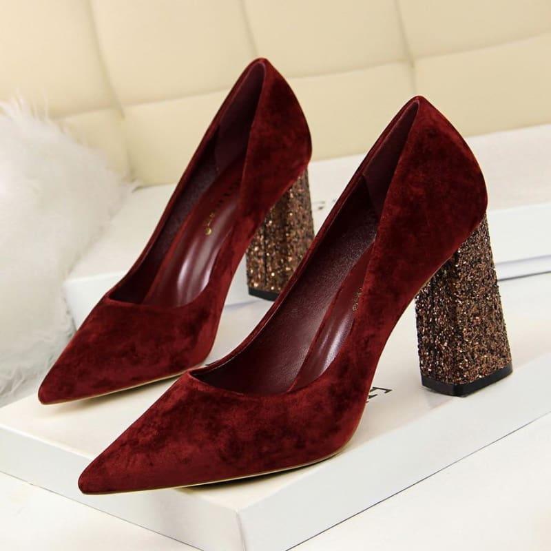 Sequined Square Heels Solid Flock Shallow Pumps - Wine Red / 4.5 - Pumps