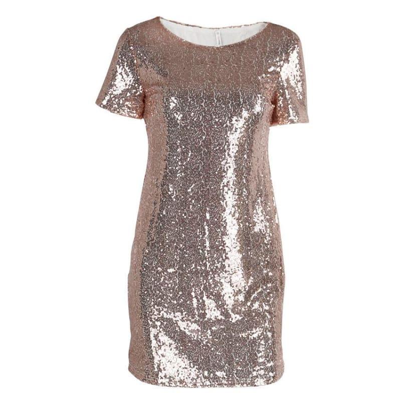 Sequins Gold T Shirt Evening Mini Dress - Pink / L - Mini Dress