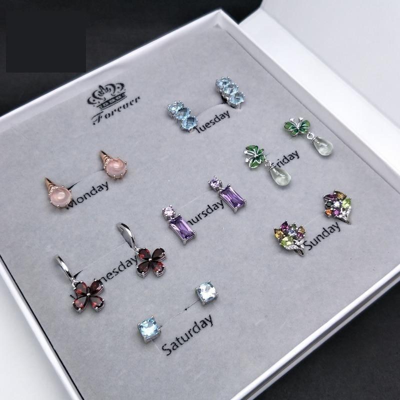 Seven Day Natural Gemstone 925 Silver Sterling Monday to Sunday Earrings Set - Earrings