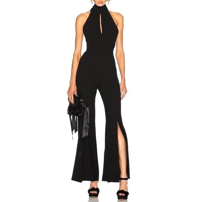 Sexy Halter Off Shoulder Backless Side Split Bandage Jumpsuits - black / L - jumpsuits