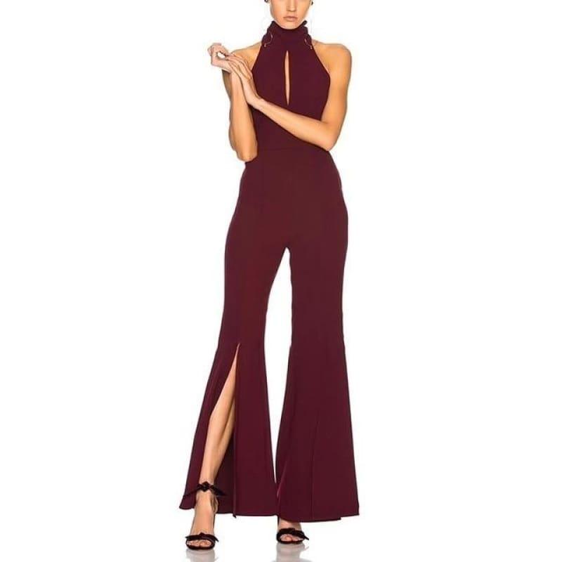 Sexy Halter Off Shoulder Backless Side Split Bandage Jumpsuits - winered / L - jumpsuits