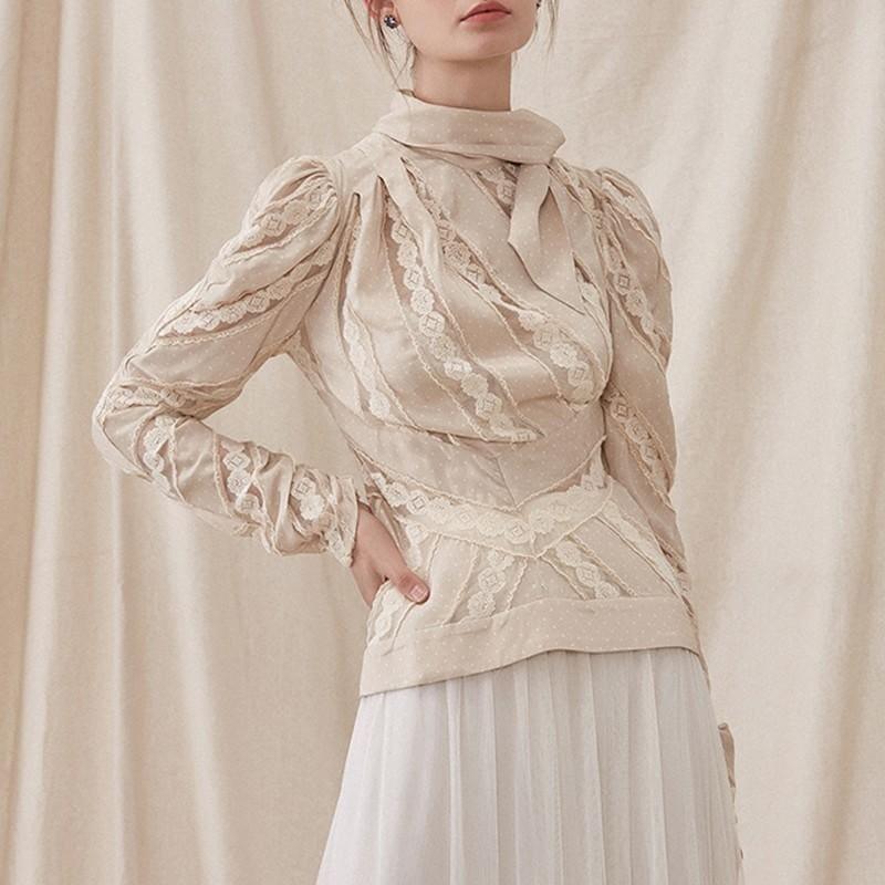 Sexy Lace Bow Collar Puff Long Sleeve Vintage Blouse - long sleeve