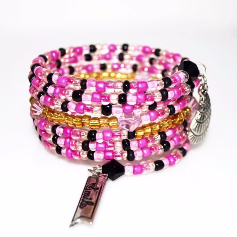 Shades Of Pink Seed Bead With Charms Wrap Around Bracelets - Handmade