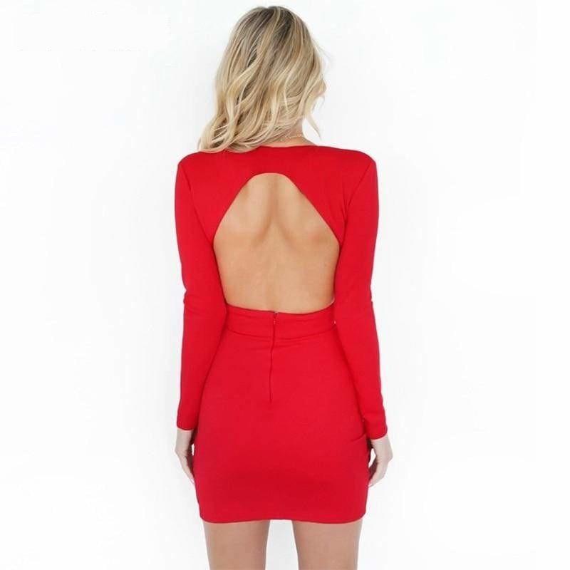 Sheath Long Sleeve Deep V Neck Backless Bodycon Party Mini Dress - Mini Dress