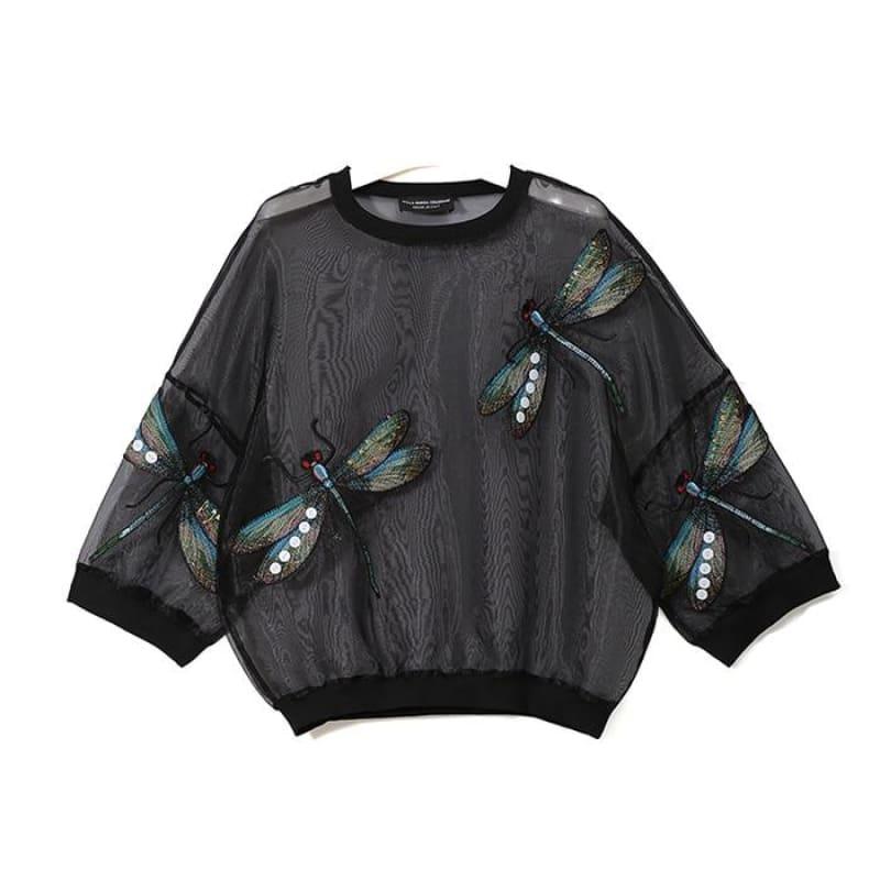 Sheer Oversized Dragonfly Long Sleeve Transparent T-Shirt - 3394 Black / One Size
