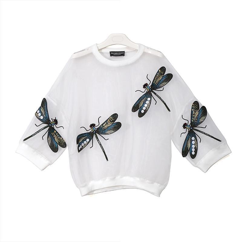 Sheer Oversized Dragonfly Long Sleeve Transparent T-Shirt - 3394 White / One Size