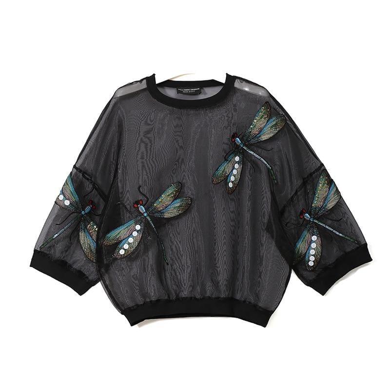 Sheer Oversized Dragonfly Long Sleeve Transparent T-Shirt