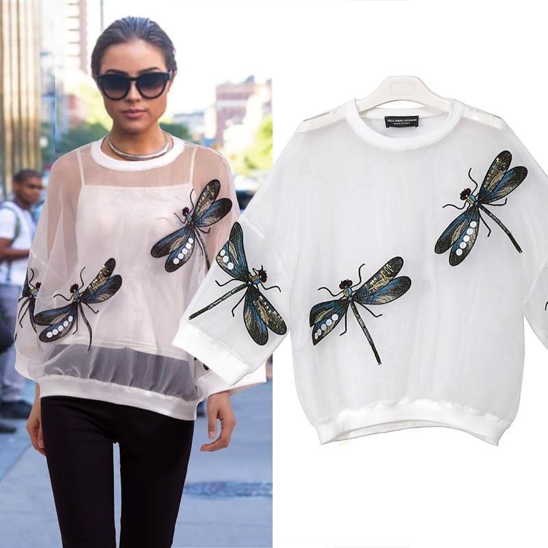 Sheer Oversized Dragonfly Long Sleeve Transparent T-Shirt