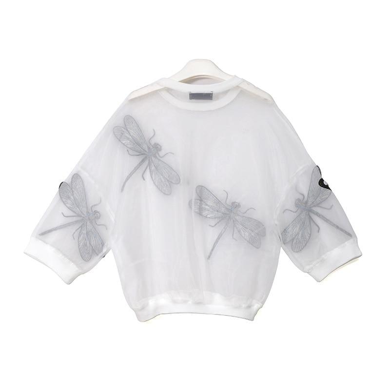 Sheer Oversized Dragonfly Long Sleeve Transparent T-Shirt