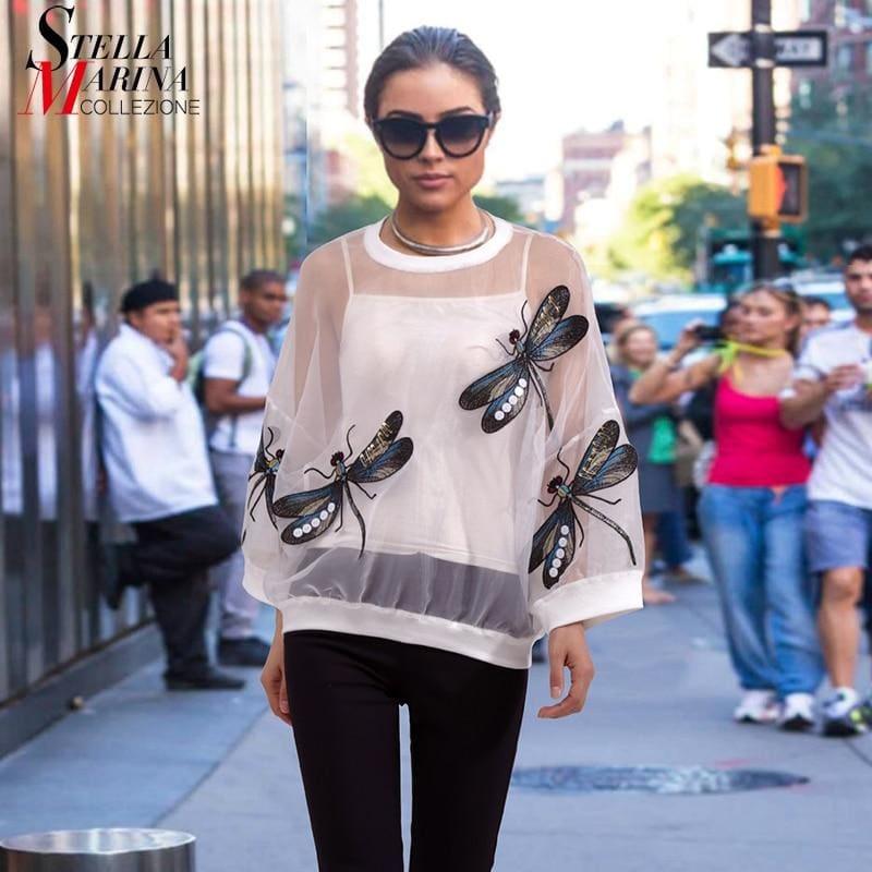 Sheer Oversized Dragonfly Long Sleeve Transparent T-shirt