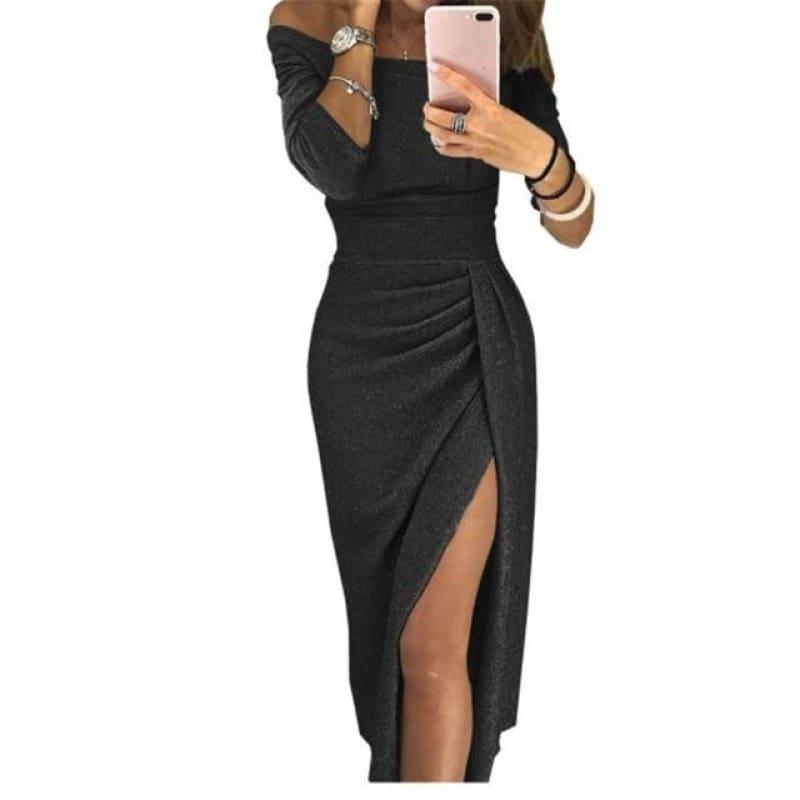 Shiny Off Shoulder Ruched Thigh Slit Sexy Sequin Bandage Partevening Cocktail Midi Dress - Black / L - Midi