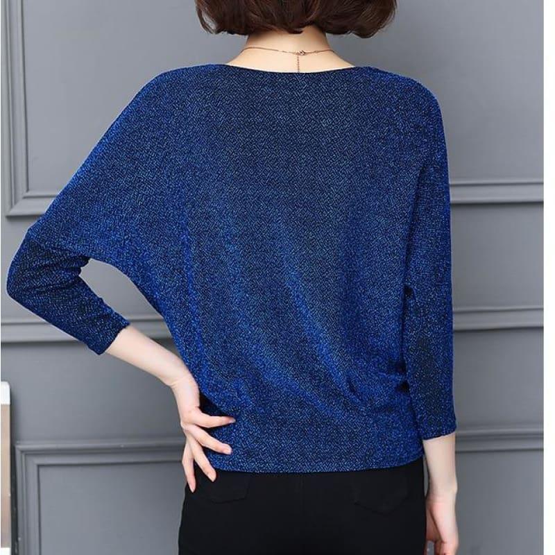 Shiny Sequin Tunic Bat Sleeve Blouse - Blue / Xxxl - Long Sleeve