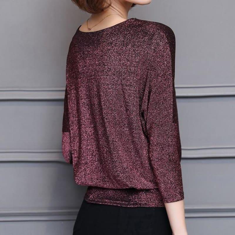 Shiny Sequin Tunic Bat Sleeve Blouse - Purple / Xxxl - Long Sleeve