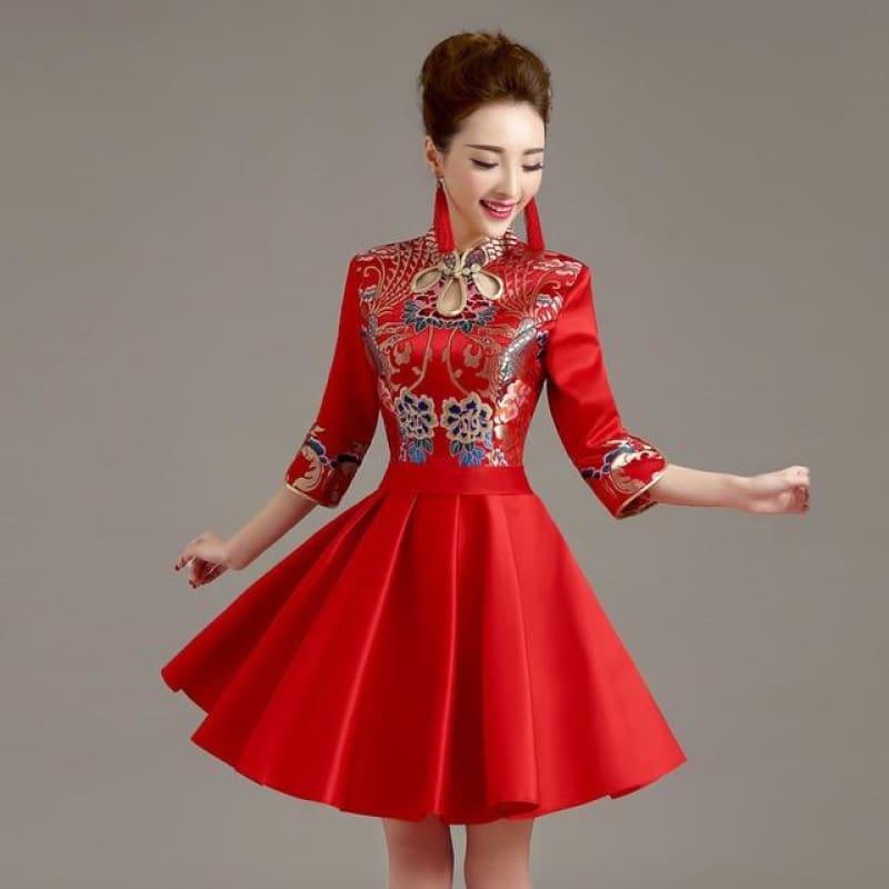 Short Modern Cheongsam Qipao Chinese Oriental Style Mini Dress - Red / S - Mini Dress