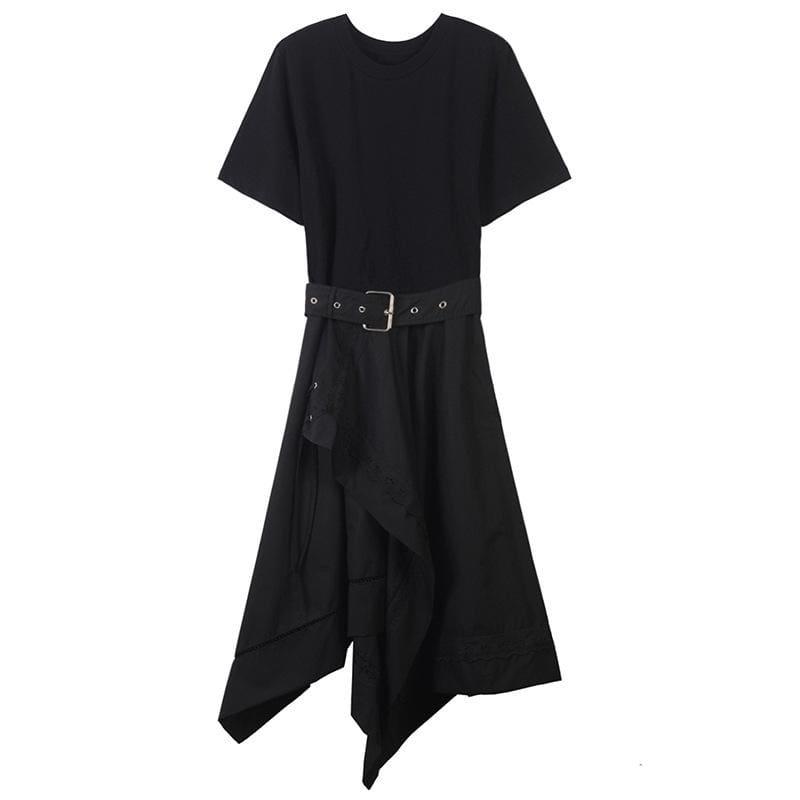 Short Sleeve O Neck With Belt Slim Black Asymmetrical Midi Dress - Black / L - Midi Dress