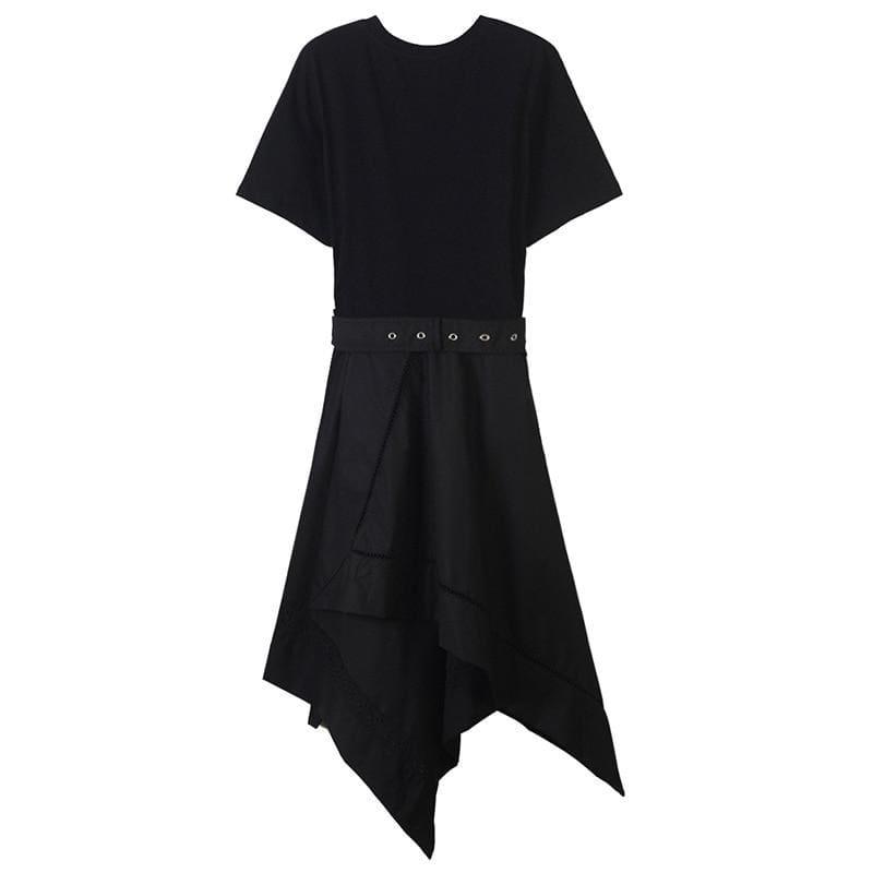 Short Sleeve O Neck With Belt Slim Black Asymmetrical Midi Dress - Midi Dress
