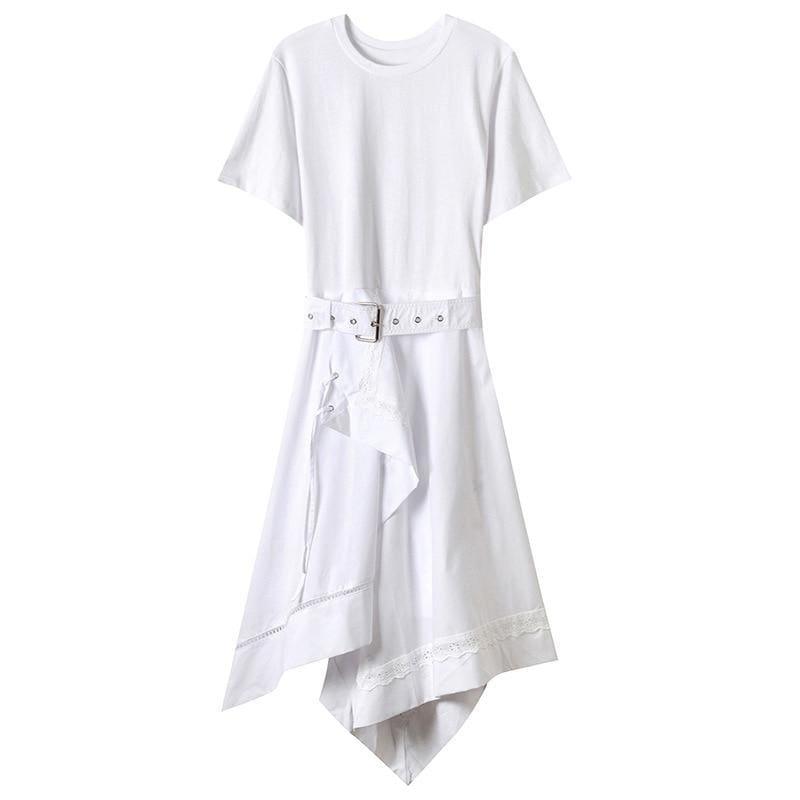Short Sleeve O Neck With Belt Slim Black Asymmetrical Midi Dress - White / L - Midi Dress